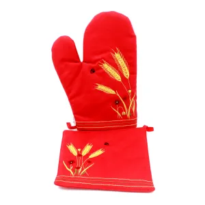 100% Cotton Oven Mitt and Pot Holder Set With Embroidered Design