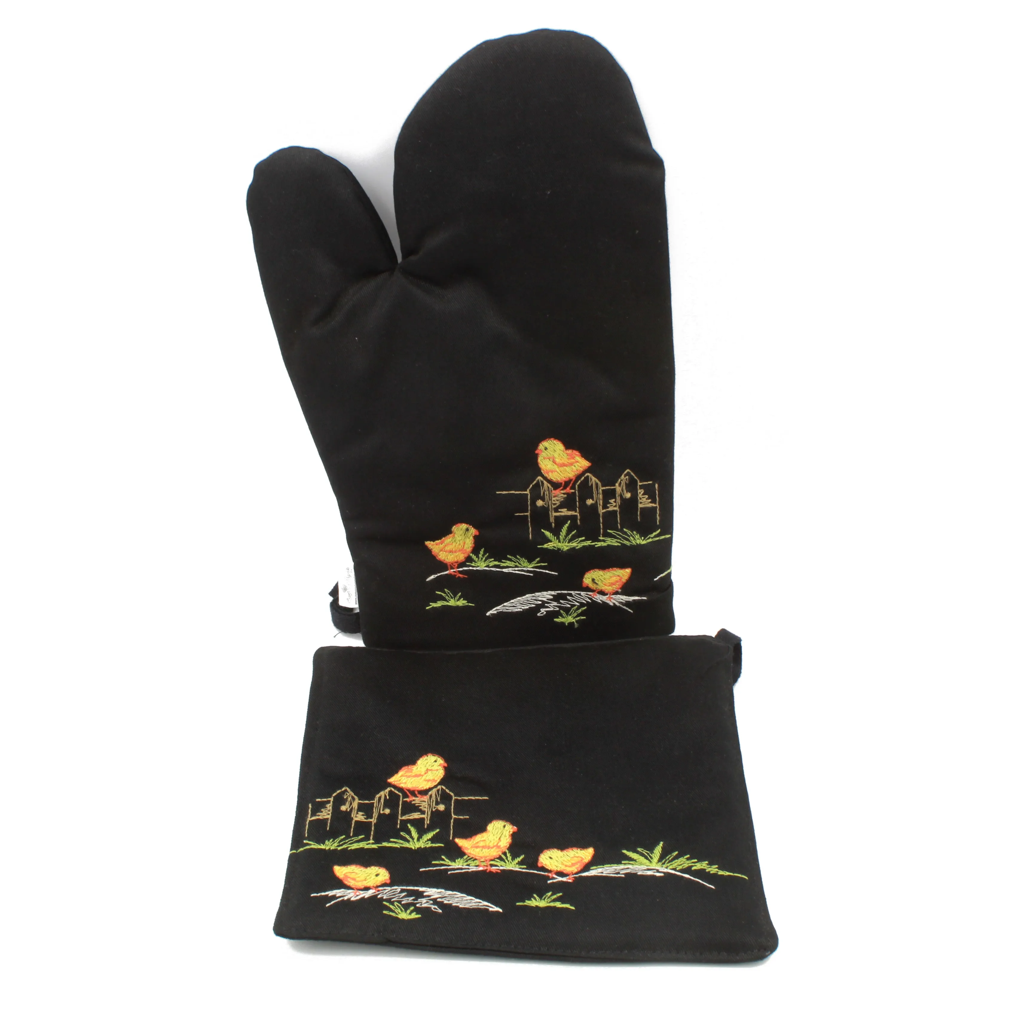 100% Cotton Oven Mitt and Pot Holder Set With Embroidered Design