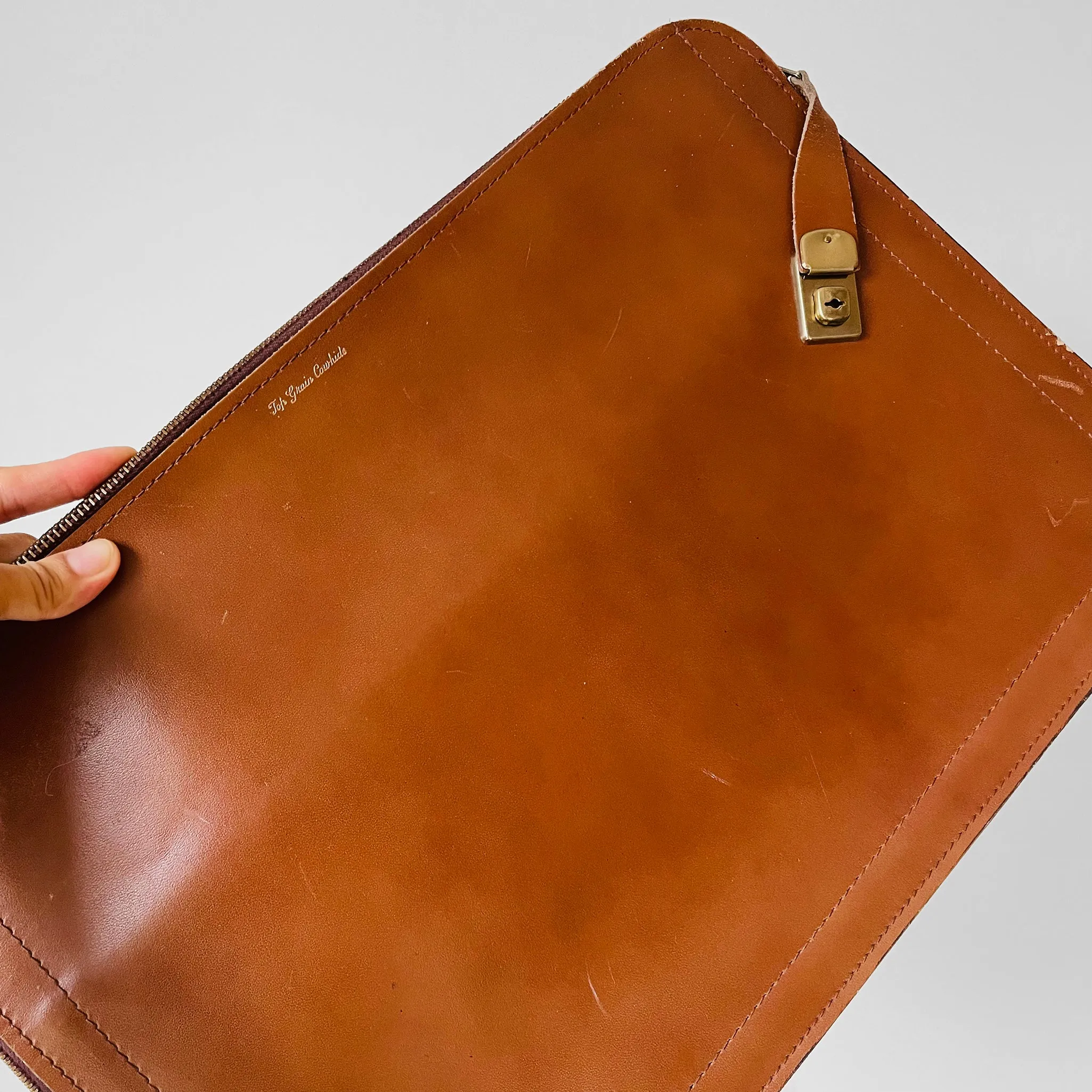 1970s Tobacco Tan Brown Large Leather Folio Zippered Case