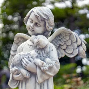 39" Tall Magnesium Angel Statue Holding Dog- Antique White