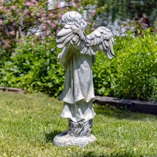 39" Tall Magnesium Angel Statue Holding Dog- Antique White