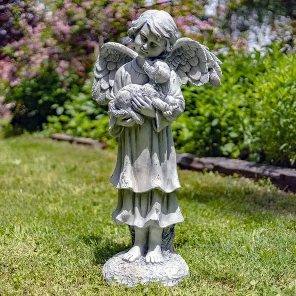 39" Tall Magnesium Angel Statue Holding Dog- Antique White