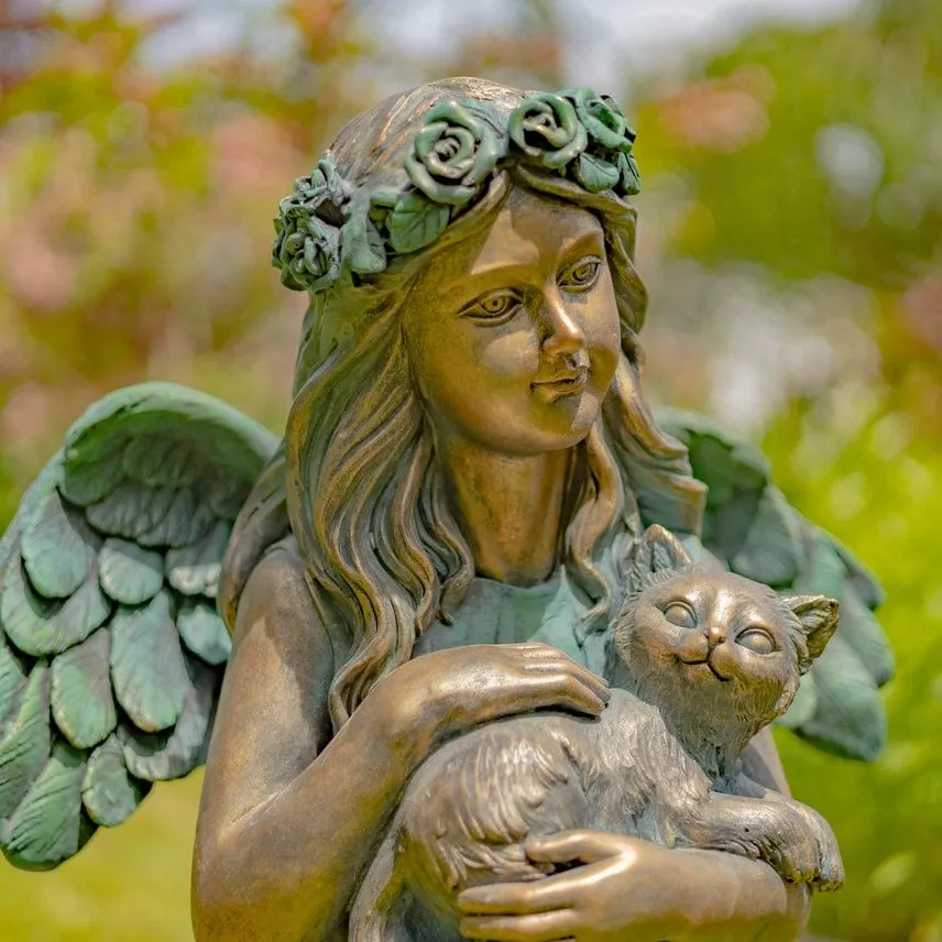 Angel Holding Cat Statue, 39" Tall Magnesium