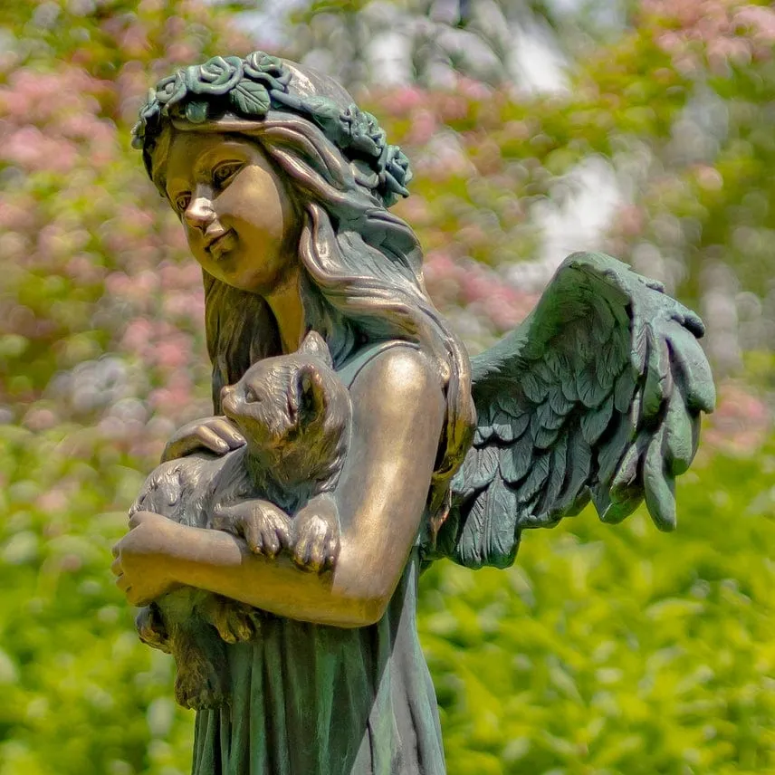 Angel Holding Cat Statue, 39" Tall Magnesium