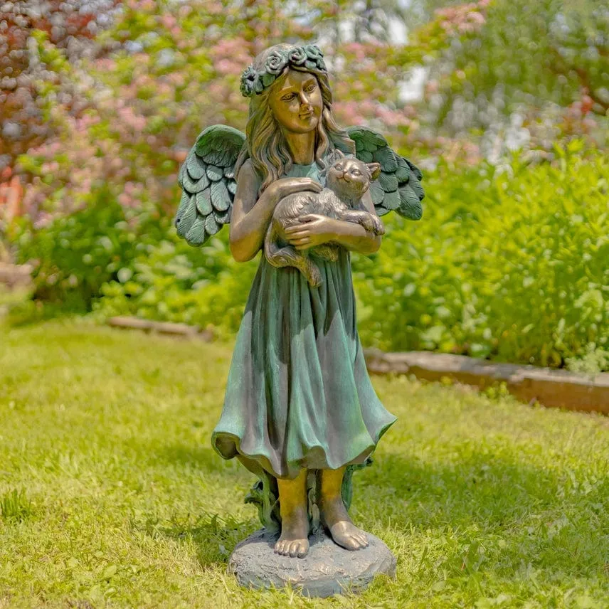 Angel Holding Cat Statue, 39" Tall Magnesium