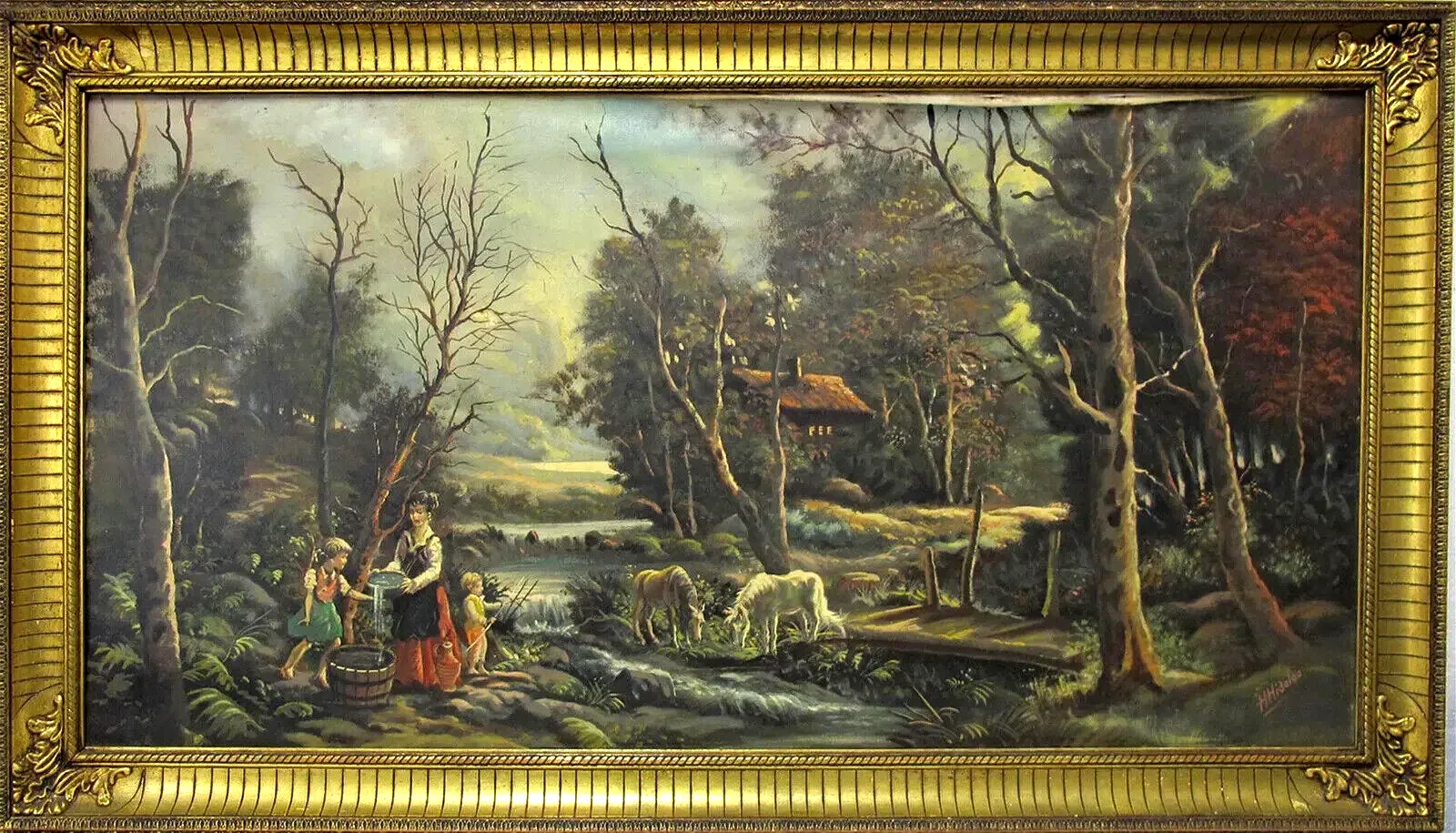 Antique Painting, European Oil on Canvas Signed by H. Hidalgo, Gold Frame!!