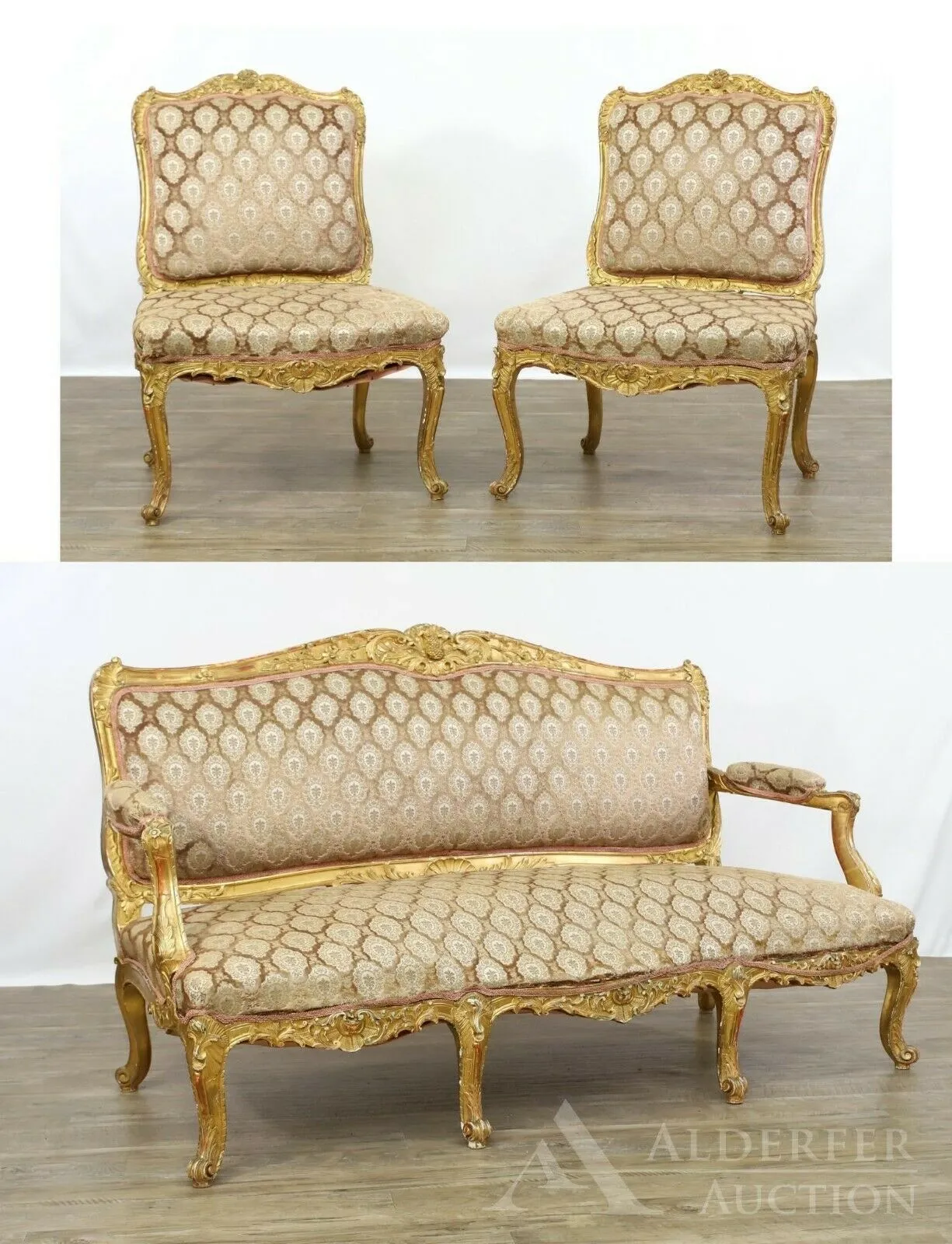 Antique Parlor Set / Suite, French Parcel Gilt Carved, Three Pieces, 1800's!