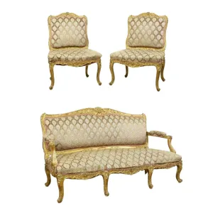 Antique Parlor Set / Suite, French Parcel Gilt Carved, Three Pieces, 1800's!