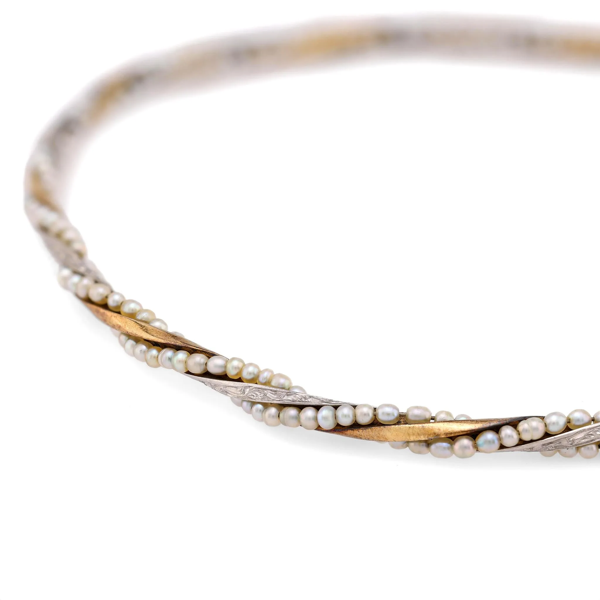 Antique seed pearl 18k yellow gold twisted bangle