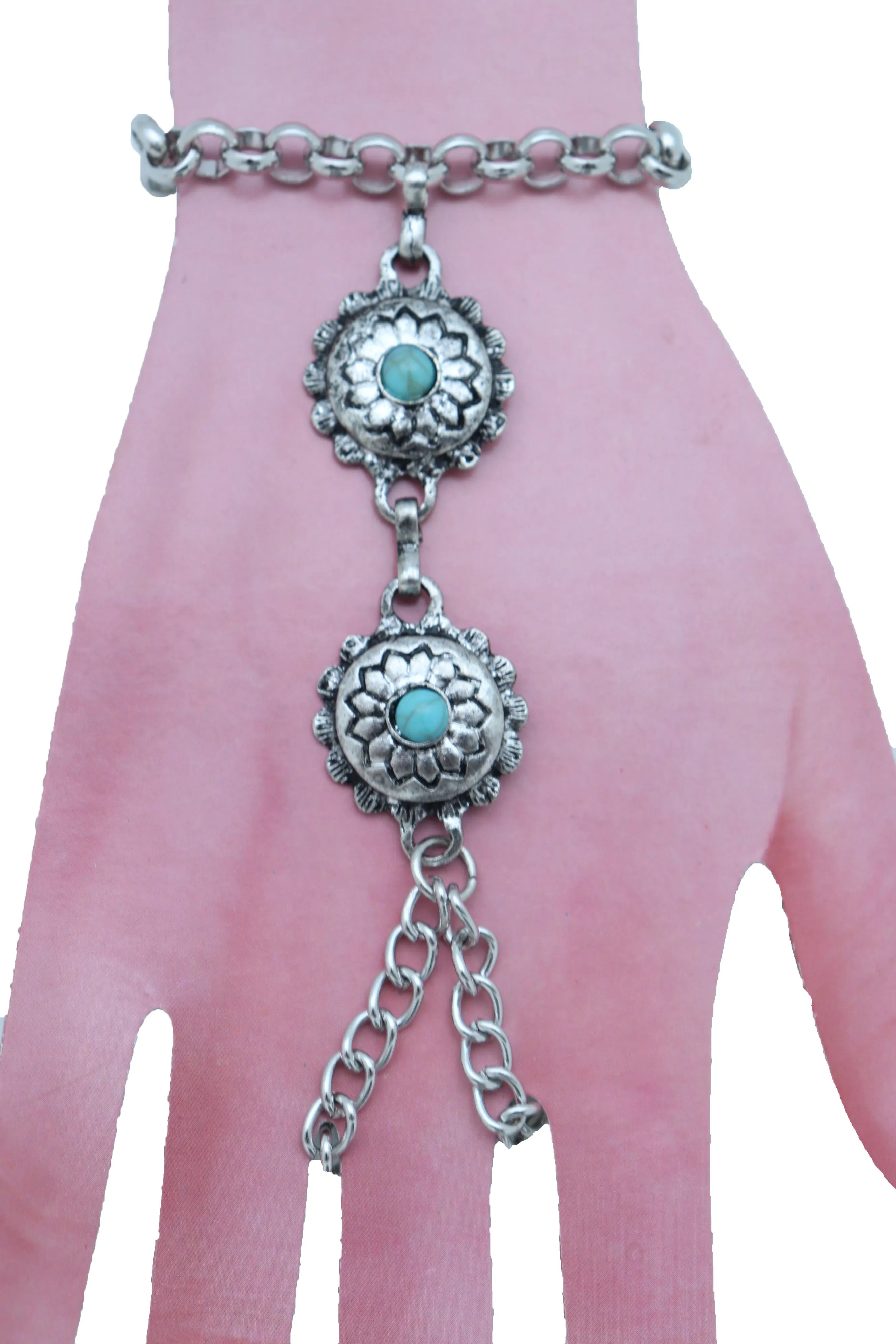 Antique Silver Hand Chain Bracelet Western Fashion Turquoise Blue Flowers