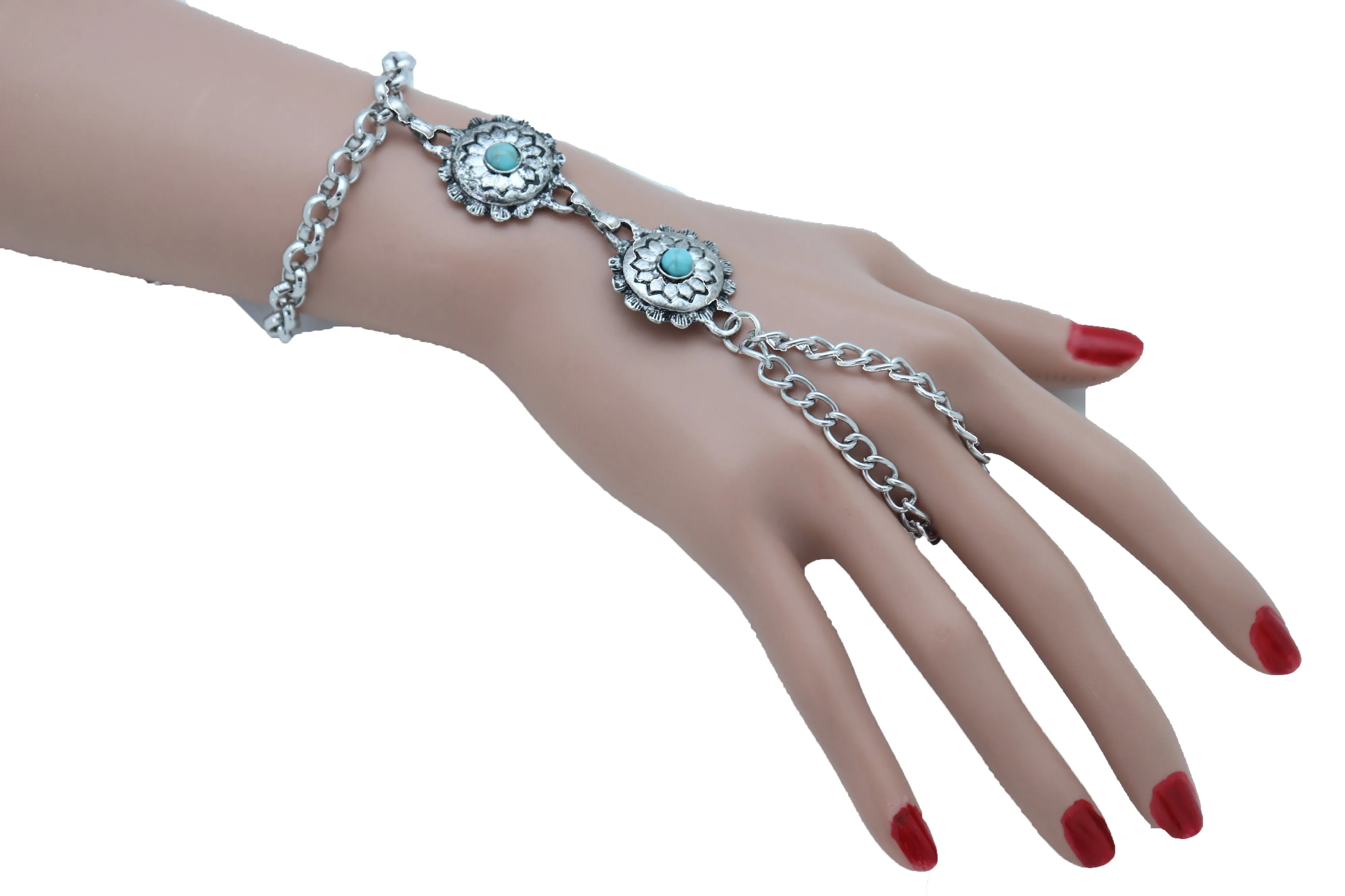 Antique Silver Hand Chain Bracelet Western Fashion Turquoise Blue Flowers