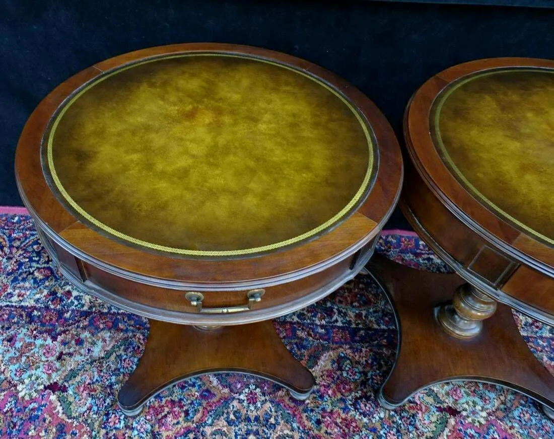 Antique Tables, Lamp, Mahogany Set of 2, Leather Top Circular, Handsome 27 Ins!