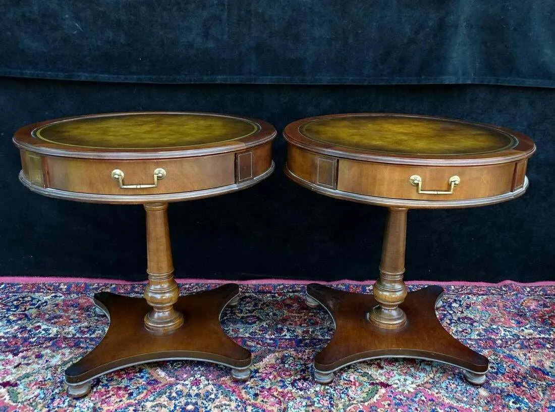 Antique Tables, Lamp, Mahogany Set of 2, Leather Top Circular, Handsome 27 Ins!