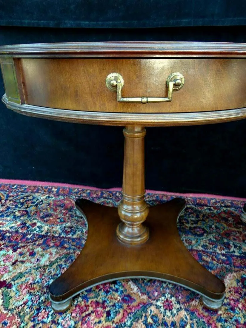 Antique Tables, Lamp, Mahogany Set of 2, Leather Top Circular, Handsome 27 Ins!