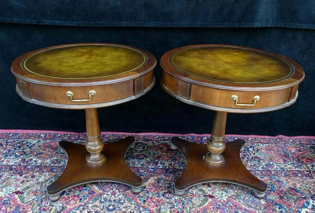 Antique Tables, Lamp, Mahogany Set of 2, Leather Top Circular, Handsome 27 Ins!