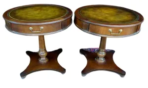 Antique Tables, Lamp, Mahogany Set of 2, Leather Top Circular, Handsome 27 Ins!