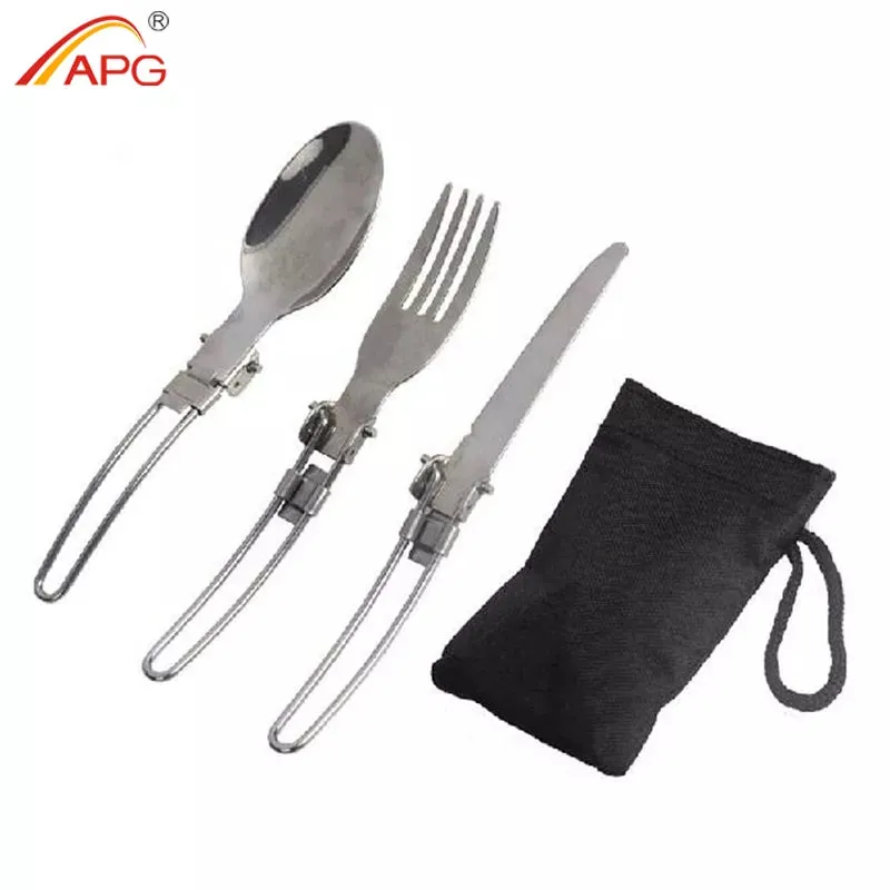 APG Portable Folding Spoon Fork 3 in 1 Camping Survival Outdoor Set Tableware with Bag