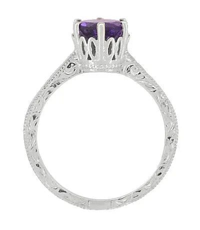 Art Deco Filigree Amethyst Crown Promise Ring in Sterling Silver With Carved Scroll Engraving