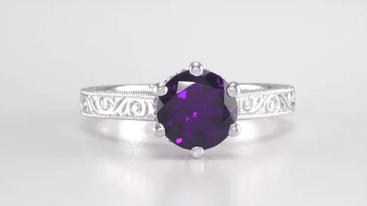 Art Deco Filigree Amethyst Crown Promise Ring in Sterling Silver With Carved Scroll Engraving