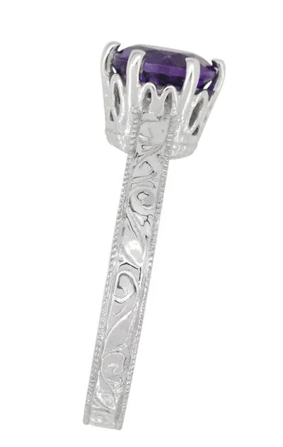 Art Deco Filigree Amethyst Crown Promise Ring in Sterling Silver With Carved Scroll Engraving