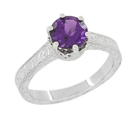 Art Deco Filigree Amethyst Crown Promise Ring in Sterling Silver With Carved Scroll Engraving