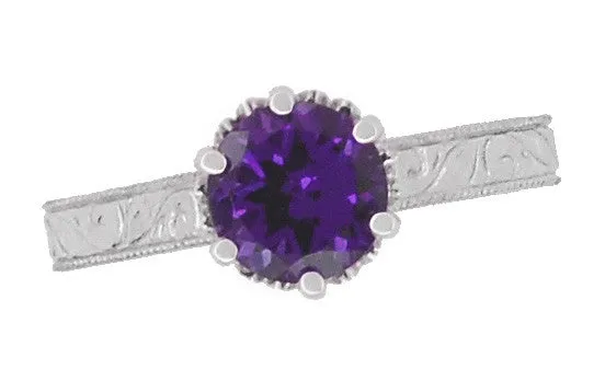 Art Deco Filigree Amethyst Crown Promise Ring in Sterling Silver With Carved Scroll Engraving