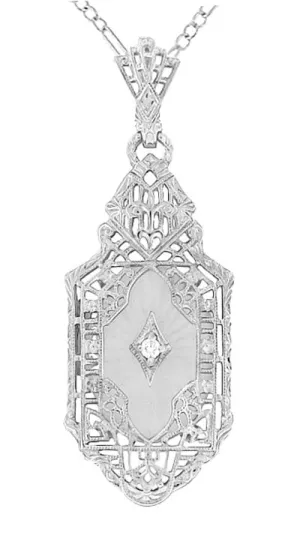 Art Deco Lavalier Filigree Starburst Crystal & Diamond Pendant Necklace in Sterling Silver