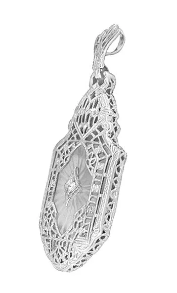 Art Deco Lavalier Filigree Starburst Crystal & Diamond Pendant Necklace in Sterling Silver