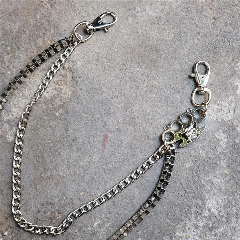 Badass Men's Silver Finger Rings Skull Double Pants Chain Punk Biker Wallet Chain For Men