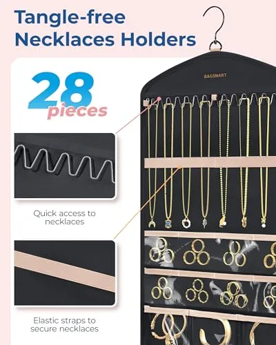 BAGSMART Hanging Jewelry Organizer with Hanger Metal Hooks Double-Sided Jewelry Holder for Organizing Earrings Necklaces Rings Perfect for in Hanging Closet, Wall, Door, 1 Piece, M, Pink