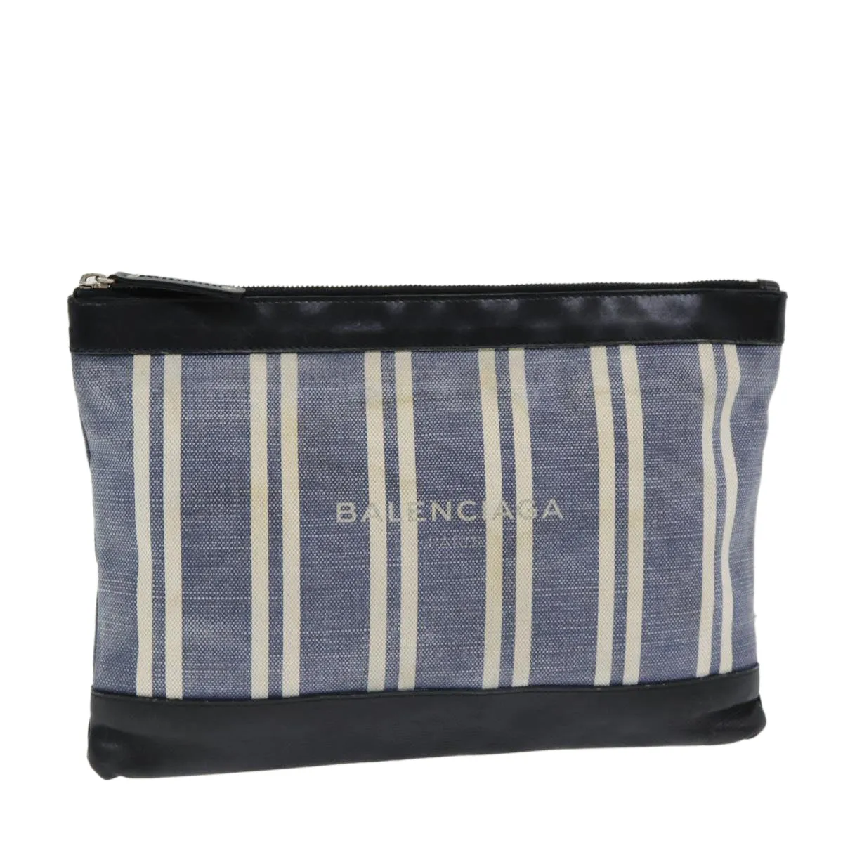 BALENCIAGA Clutch Bag Canvas Leather Blue Black Silver 420407 Auth bs16618