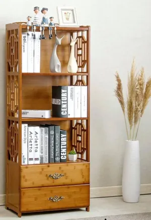 Bamboo Antique Style Multi-Function Book Shelf With Drawers Storage Choice Elegant