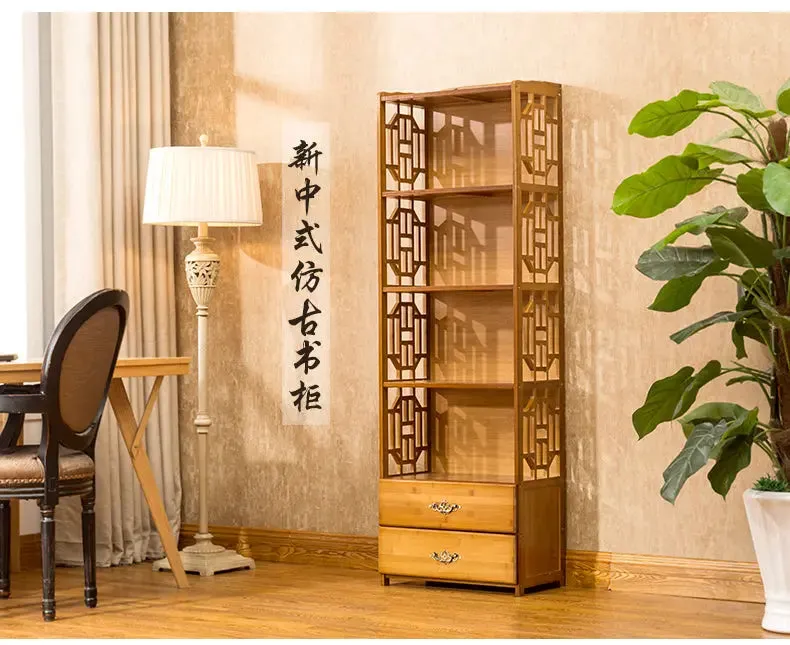 Bamboo Antique Style Multi-Function Book Shelf With Drawers Storage Choice Elegant