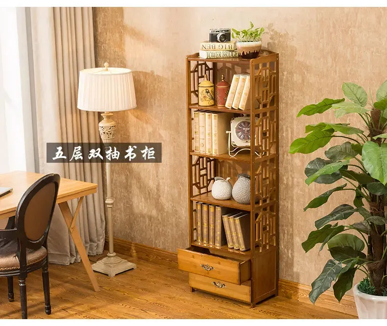 Bamboo Antique Style Multi-Function Book Shelf With Drawers Storage Choice Elegant