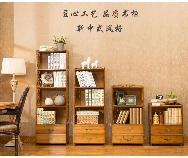 Bamboo Antique Style Multi-Function Book Shelf With Drawers Storage Choice Elegant