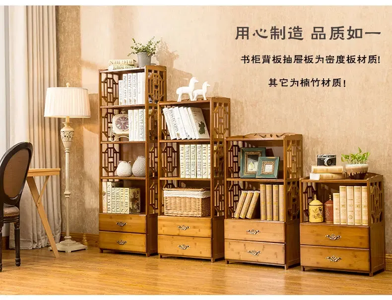 Bamboo Antique Style Multi-Function Book Shelf With Drawers Storage Choice Elegant