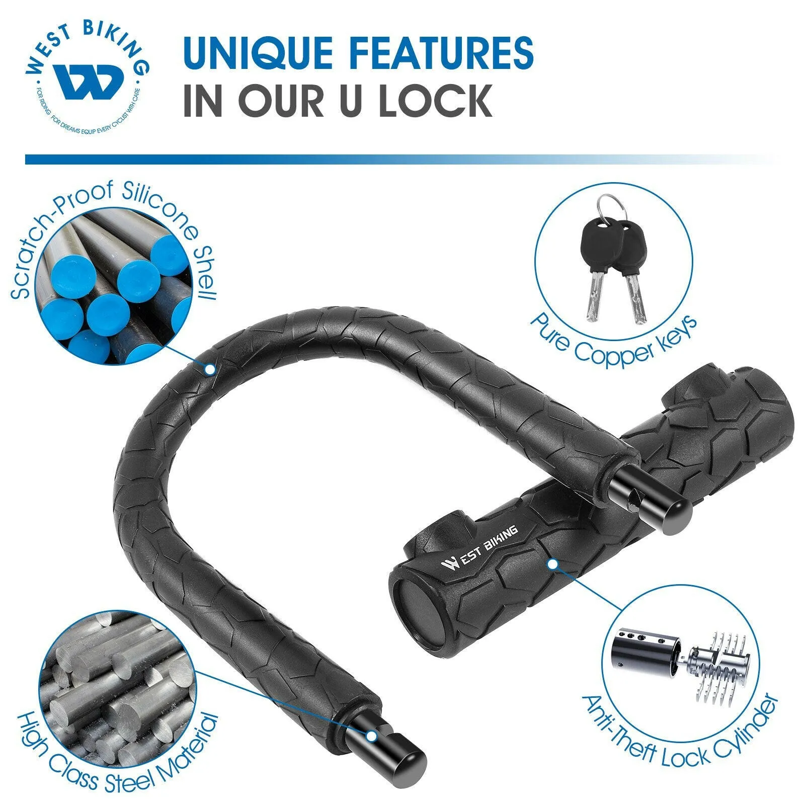 Bicycle U Lock 2 Keys Anti-theft Safety MTB Road Bike Padlock Motorcycle Scooter Bicycle Lock Cycling Accessories