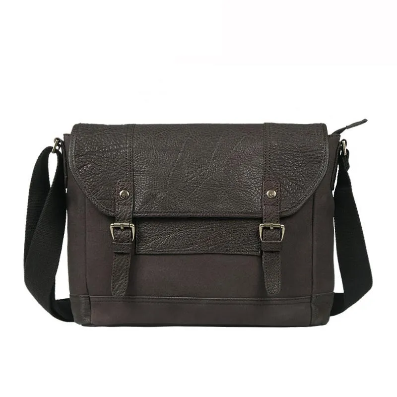 Black Canvas Leather Mens Side Bags Messenger Bags Dark Coffee Canvas Courier Bag for Men