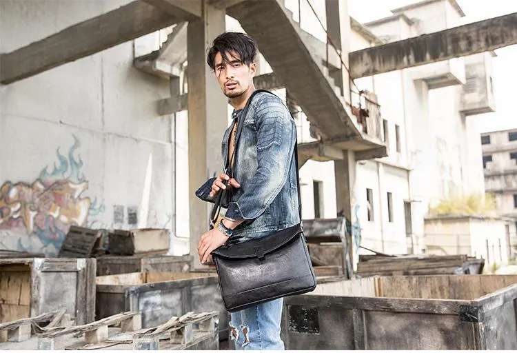 Black Casual Leather Mens 10 inches Side Bag Postman Bag Black Messenger Bags Courier Bag for Men