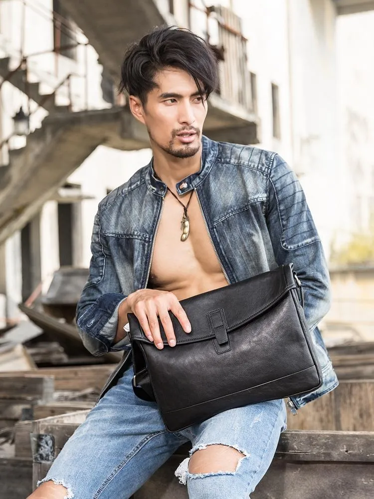 Black Casual Leather Mens 10 inches Side Bag Postman Bag Black Messenger Bags Courier Bag for Men