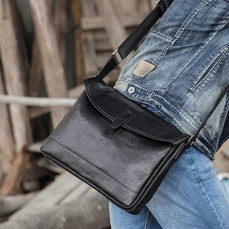 Black Casual Leather Mens 10 inches Side Bag Postman Bag Black Messenger Bags Courier Bag for Men