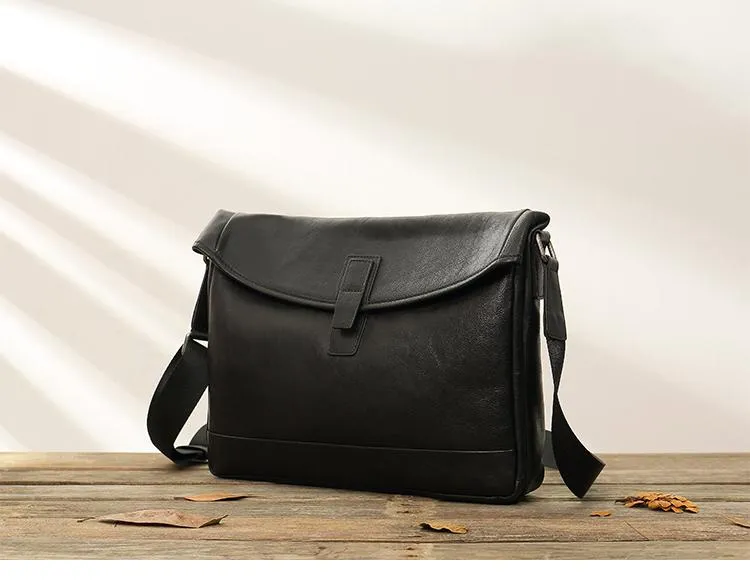 Black Casual Leather Mens 10 inches Side Bag Postman Bag Black Messenger Bags Courier Bag for Men