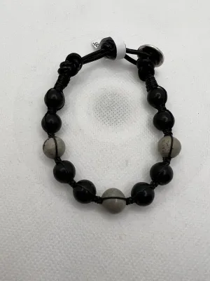 Black Jasper and Artistic Jasper Adjustable Leather Bracelet