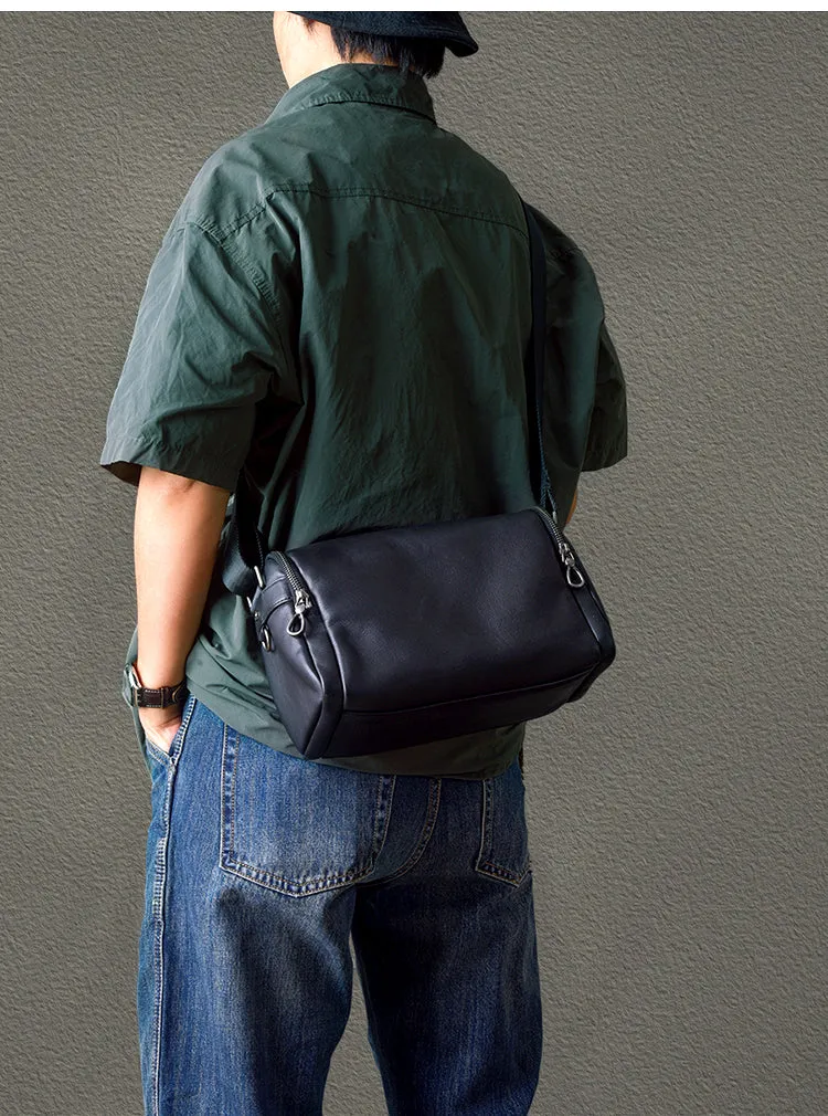 Black Leather Small Black Messenger Bag Men's Small Barrel Side Bag Overnight Bag For Men