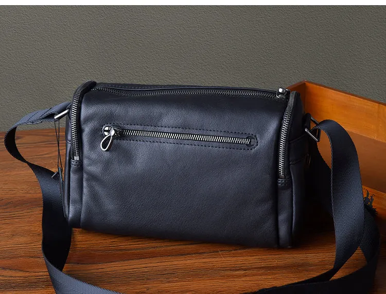 Black Leather Small Black Messenger Bag Men's Small Barrel Side Bag Overnight Bag For Men