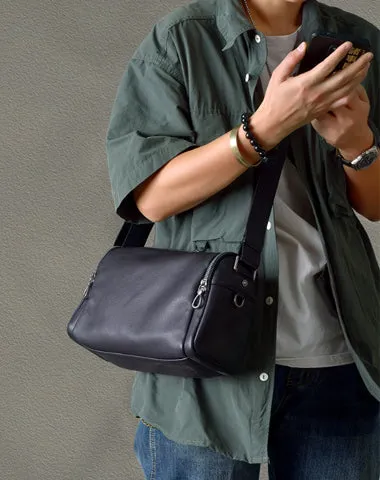 Black Leather Small Black Messenger Bag Men's Small Barrel Side Bag Overnight Bag For Men