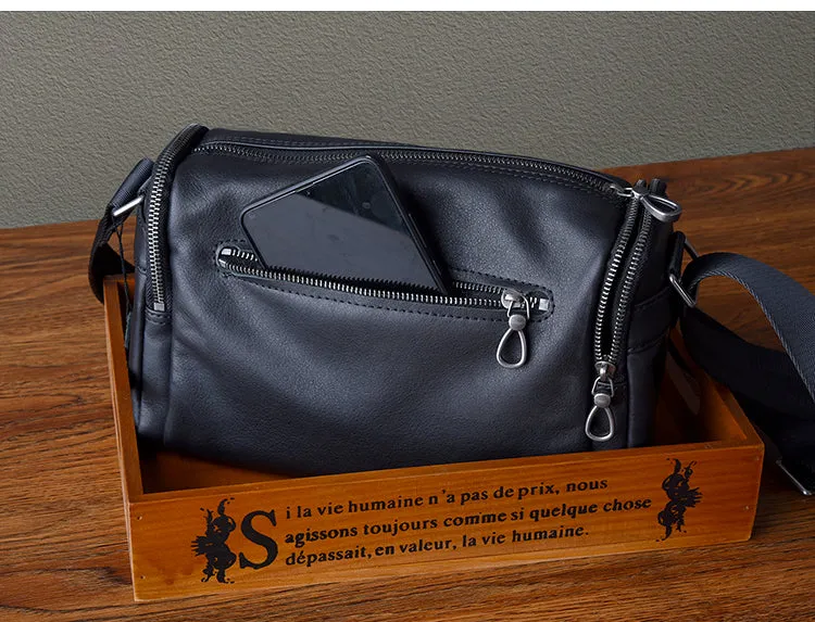 Black Leather Small Black Messenger Bag Men's Small Barrel Side Bag Overnight Bag For Men