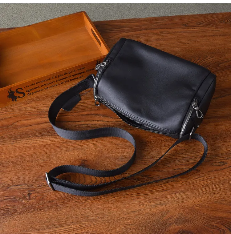 Black Leather Small Black Messenger Bag Men's Small Barrel Side Bag Overnight Bag For Men