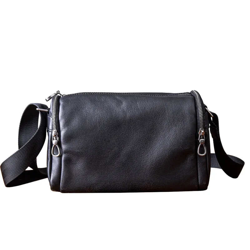 Black Leather Small Black Messenger Bag Men's Small Barrel Side Bag Overnight Bag For Men