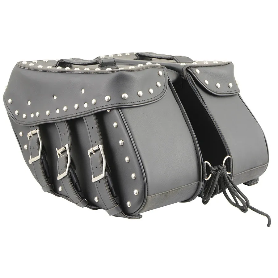 Black PVC Zip Off Medium Chrome Studded Motorcycle Saddlebag